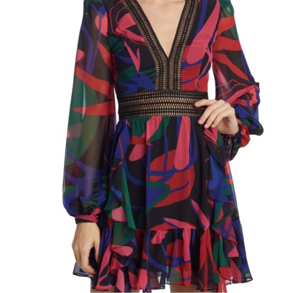 PATBO Rio Tropical Print Lace Trim Minidress